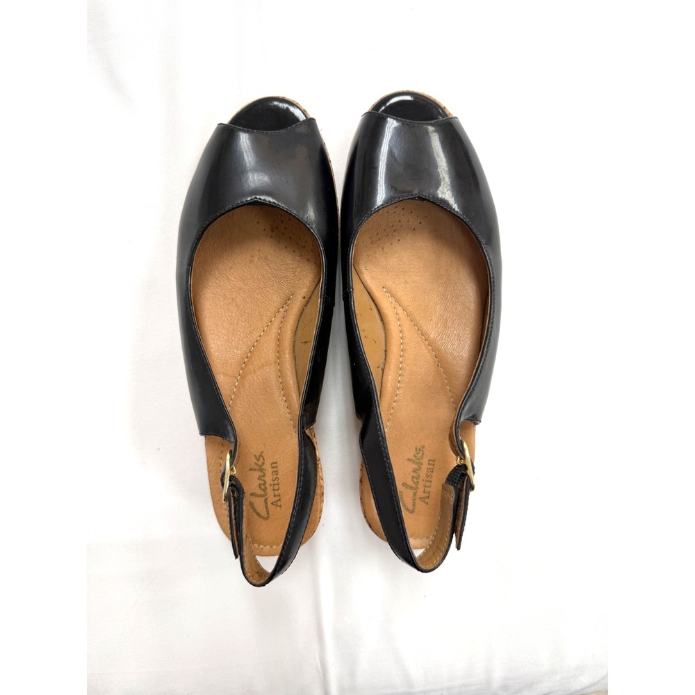 Clarks‎ Artisan Black Leather Peep Toe Slingback Cork Wedge Sandals 6.5M